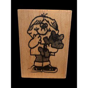 Vintage The Whirling Dervish Rubber Works Little Boy‎ W Bear Wooden Rubber Stamp
